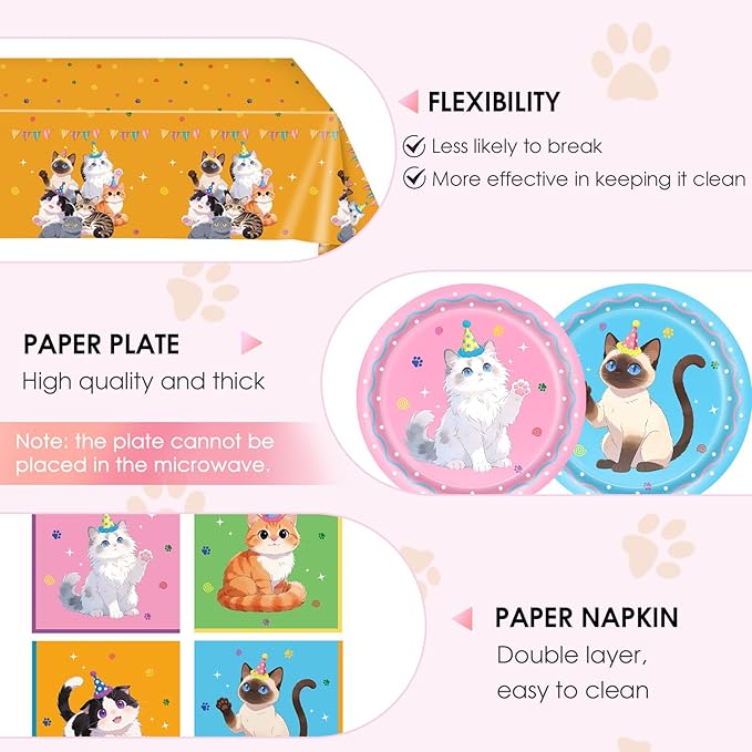 41Pcs Pet Cat Birthday Party Decorations,Colorful Kitten Birthday Plates and Napkins,Cat Party Table Covers Disposable Pet Dinnerware Decor Set for Girls' Kid’s Cats Themed Birthday Parties Supplies