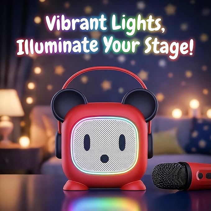 Kids Karaoke Machine with 2 Wireless Microphones - Portable Bluetooth Singing Speaker with AI Voice Changer, LED Lights, Built-in Mic & Carry Handle | Best Birthday Gifts for Girls Boys Ages 3-12