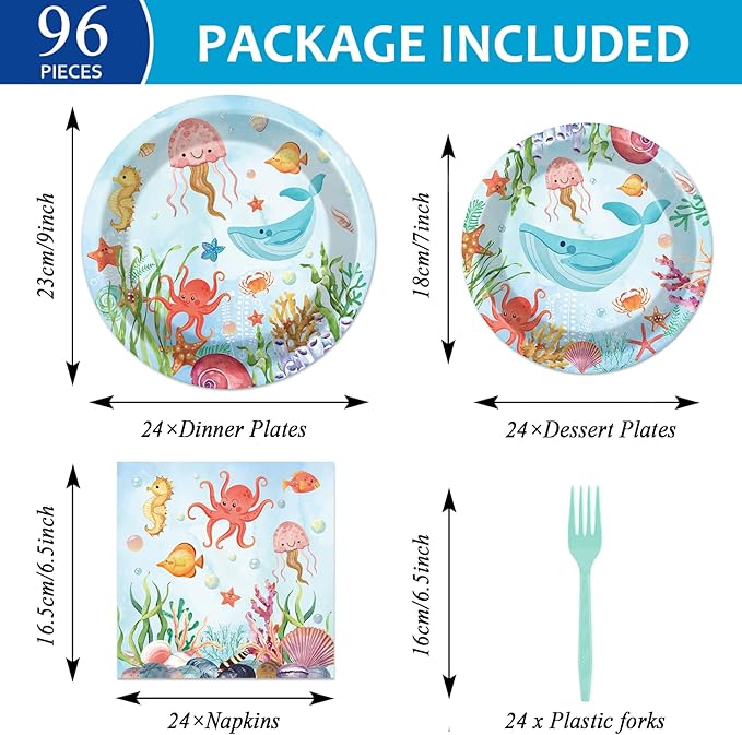 96 Pcs Under The Sea Plates and Napkins Party Supplies Ocean Birthday Party Tableware Set Ocean Animal Underwater Sea Life Party Decorations Favors for Birthday Shower for 24 Guests