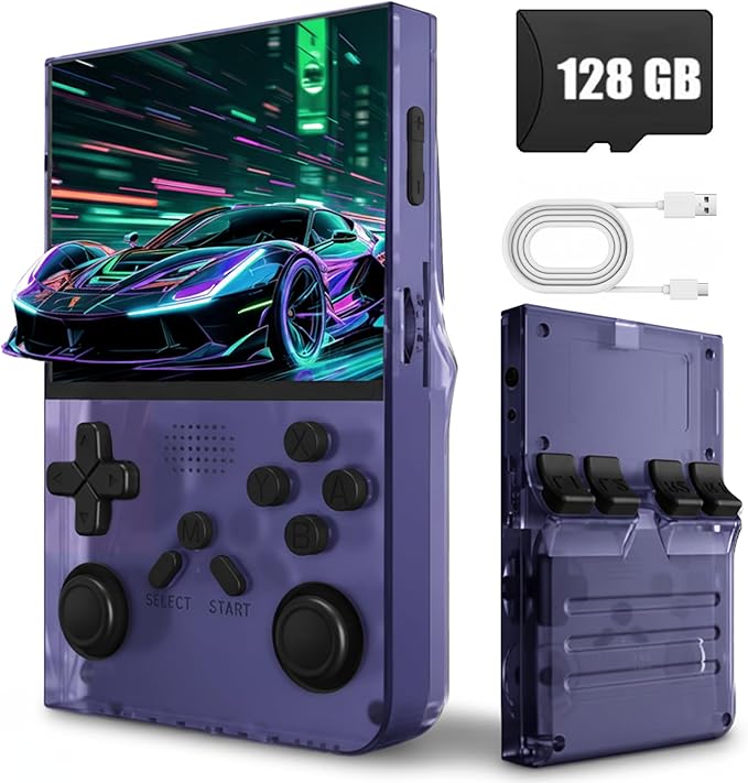 R40S Pro+ Handheld Game Console, 18000+ in 1 Games Mini Retro Video Console, 3.5-Inch IPS Screen,128GB TF Memory Memory,Built in 45+ Emulators,3800mAh Battery (Purple 128G) (Purple)