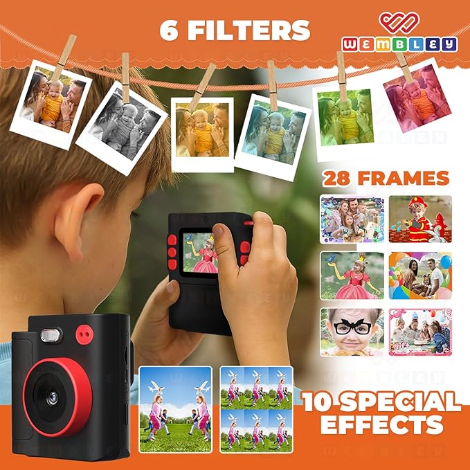 Wembley Kids Camera Instant Print | Birthday Gift Toys for Boys & Girls 3–10 Years | Unicorn Digital Dual Lens Toddler Camera Thermal Printer | 48MP 1080P Selfie & Video | 16X Zoom 32GB SD Card -Black
