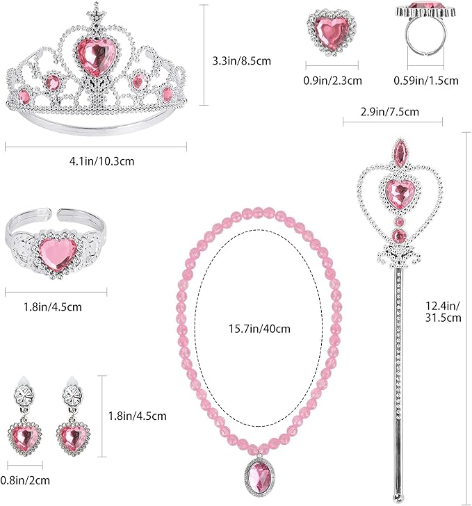 Princess Dress Up Party Accessories for Princess Costume Gloves Tiara Wand Necklace Earrings Bracelet and Ring Gift Set 9pcs (Pink, Set of 7, 9pcs)