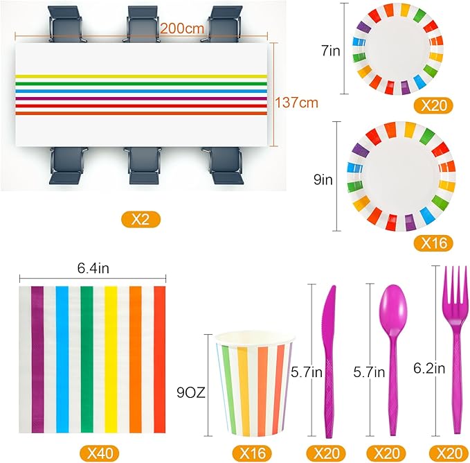 154 Pcs Rainbow Birthday Party Decorations 2 Rainbow Striped Tablecloth Disposable Dinnerware Set Colorful Plates Paper Cups Napkins Cutlery for Happy Birthday Wedding Party Supplies