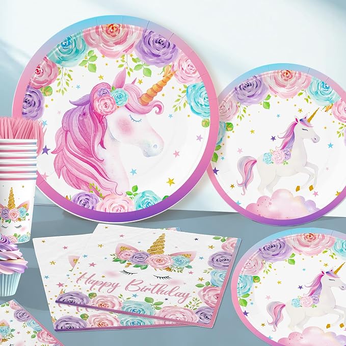 cocomigo 246PCS Unicorn Birthday Decorations Set, All-in-One Party Supplies Pack with 20 Plates, Purple Unicorn Party Supplies for Girl Birthday Party, Serves 20 Guests