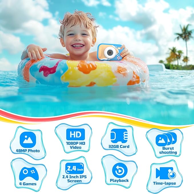 Kids Waterproof Camera, Camera for Kids, 48MP 1080P Sports Action Toy Underwater Camera for Pool, Birthday Gifts for Boys Girls Age 3-12(Blue)