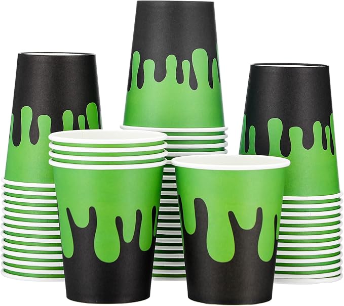 50 Pcs Ghost Themed Disposable Paper Cups 9 oz Green and Black Paper Cups for Juice Hot Cold Beverage Drinking Kids Boys Girls Birthday Party Supplies Halloween Ghost Theme Decor