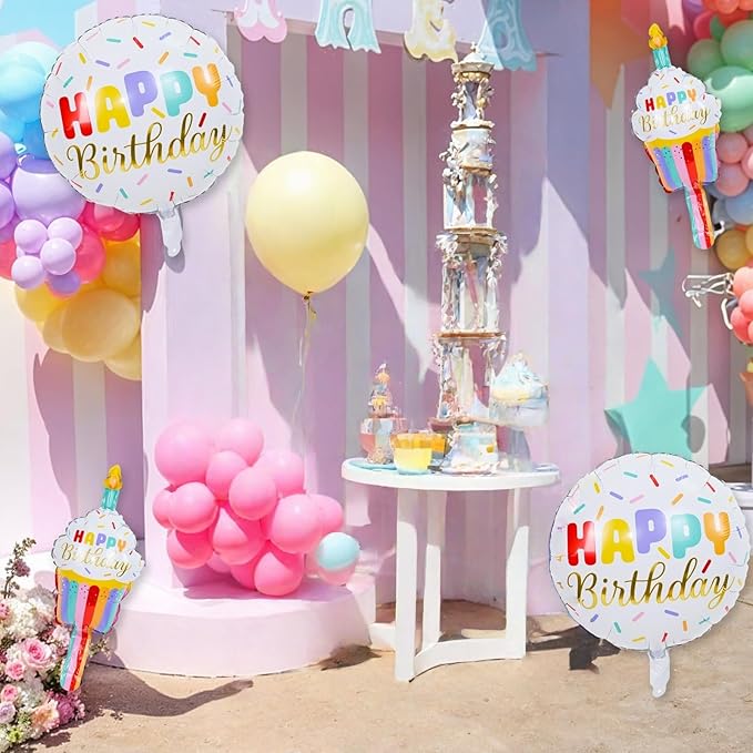 Happy Birthday Cupcake Cute Foil Balloons, Rainbow Sprinkle Happy Birthday Inflatable Mylar Round Balloon and Mini Cupcake Helium Balloons for Kids Children Girls Sweet birthday Party Decorations