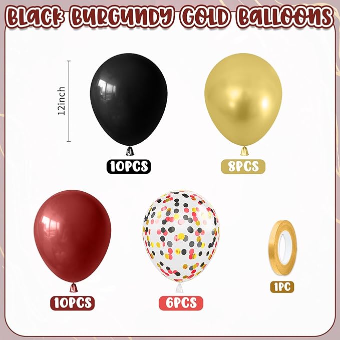 Black Burgundy Gold Balloons,12 Inch Metallic Gold Burgundy Maroon Red Black Latex Confetti Balloon for Kids Baby Shower Party Decoration