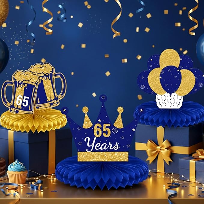 Spakon 8 Pieces Blue Gold 65th Birthday Table Decoration 65th Birthday Honeycomb Centerpieces Glitter Table Toppers Blue Gold Party Decoration for Men and Women Party Supplies