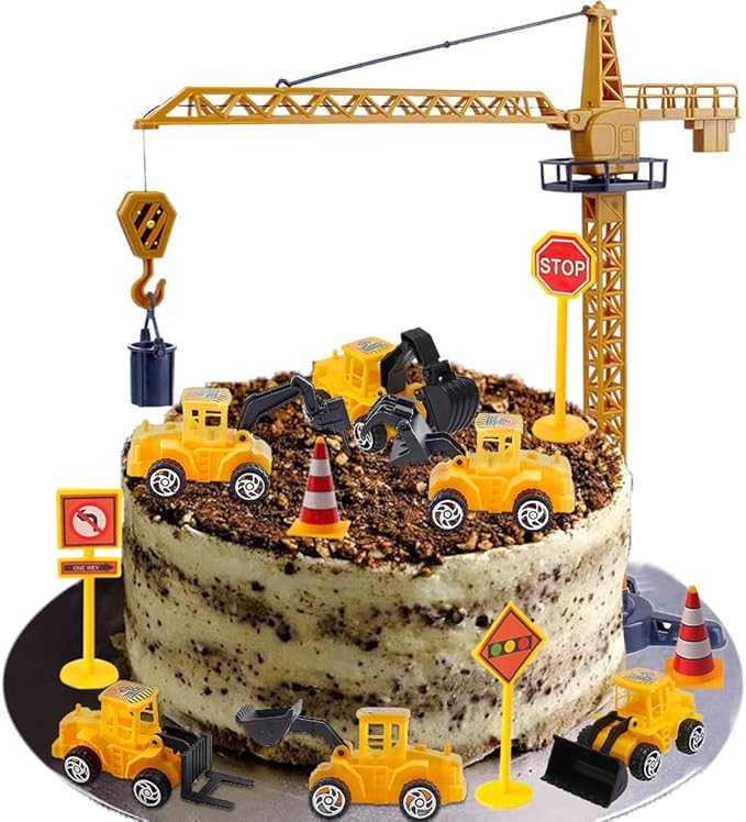 Construction Cake Topper Large Crane Excavator Traffic Road Sign Cake Toppers Construction Birthday Party Supplies Cake Decorating Supplies Kit Construction Toys Birthday Party Favors for Kids Boys