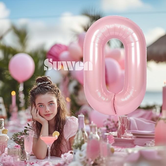 SUWEN 40 Inch Pink Large 0 Balloon Numbers Big Foil Helium Number Balloons 0-9 Jumbo Happy 0th Mylar Birthday Party Decorations for Girl or Women Anniversary Party Supplies