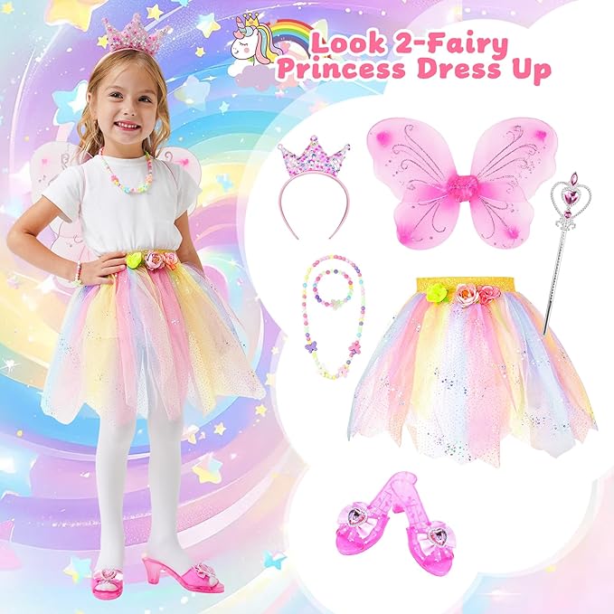 Princess Dress Up Unicorn & Fairy Costume for Girls, Toddler Tutu Set with Wings, Shoes, Jewelry, Headband, Pretend Play Fairy Toys for Girls Ages 3 4 5 Christmas Birthday Gift Rainbow