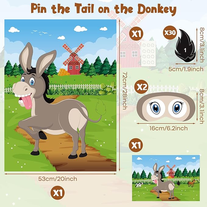 PLULON Pin The Tail on The Donkey Game for Kids with Tail Stickers, Donkey Poster Kids Pin Game Birthday Party Favors Gifts Carnival Home Wall Decorations Classroom Family Activities