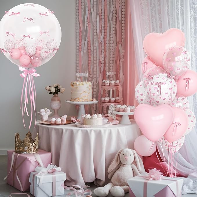 Coquette Pink Bow Balloons Birthday Decorations, 20 In Bobo Light Pale Baby Dusty Pastel Pink and White Balloons Heart Shape Balloon, First Birthday Bow Party Decor for Princess Girl Just Wanna Be One