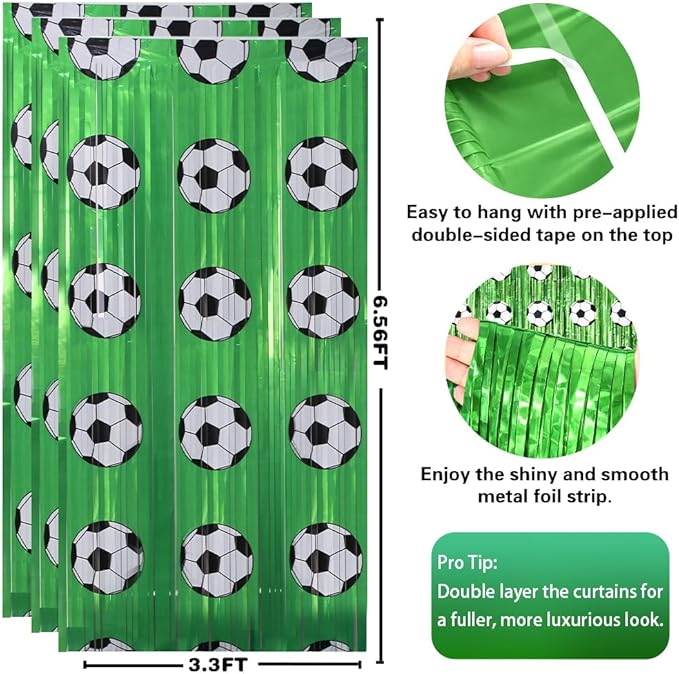 Soccer Birthday Party Decorations - Green White Tinsel Streamers Backdrop Banner | Soccer Party Favors Supplies Indoor Outdoor - Football Birthday Party Accessories for Wall Door