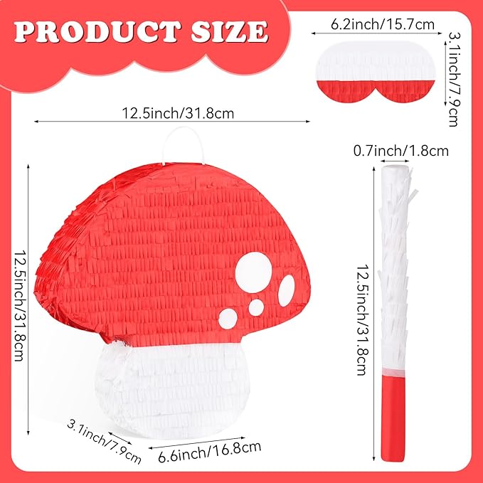 Mushroom Pinata with Stick and Blindfold Fairy Pinata for Kids 3D Mushroom Birthday Party Decorations Baby Shower Party Supplies