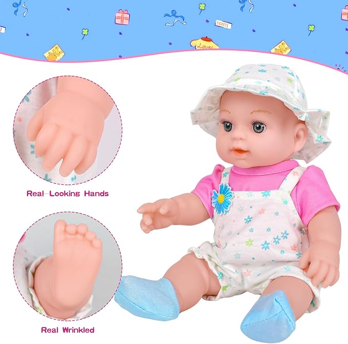 12" Girls Baby Doll Daisy Theme Backpack Carrier Playset,12 Inch Reborn Baby Dolls With Accessories And Clothes Set Toy Stuffs Pink Hanky Diaper Bottle Nipple And Gifts For Baby Toddler Age 3+