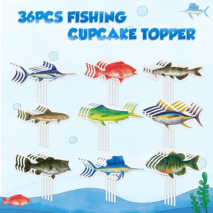 WERNNSAI 36PCS Fishing Cupcake Toppers - Fishing Birthday Party Cake Decorations for Kids Boys Gone Fish Cake Toppers Fishing Baby Shower Party Supplies Summer Outdoor Fishing Party Favors Cake Decor