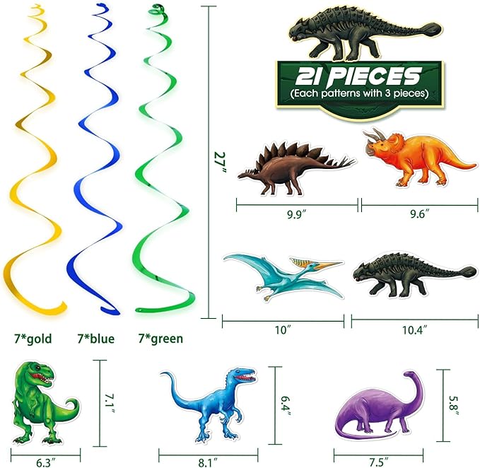 WERNNSAI Dinosaur Hanging Swirls - 21PCS Dinosaur Party Decorations for Birthday Party Ceiling Decorations for Kids Boys Themed Party Supplies Dino Party Favors Glitter Decor Hanging Streamers