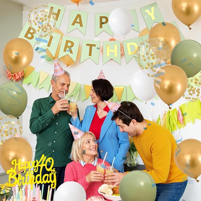 40th Birthday Decorations for Men Women, green gold Happy Birthday Party Decorations With gold Number 40 Balloons sage green Gold Confetti Balloons Fringe Curtain Cake Topper For 40th Party Supplies