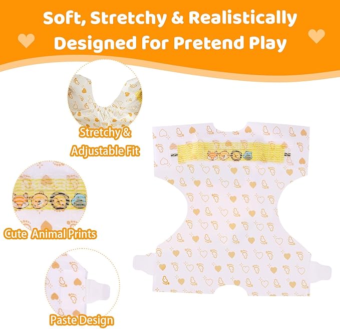 BABESIDE 30 Pcs Reborn Baby Doll Diapers Set for 17-24 Inch Babydolls, Cute Animal Patterns Babydoll Diapers Dolls Underwear for Lifelike Reborn Baby Doll Accessories