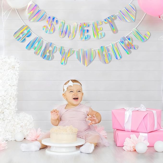 Iridescent Baby Shower Banner for Girl, Pre-Strung Sweet Baby Girl Banner, Holographic Baby Shower Decorations Sign