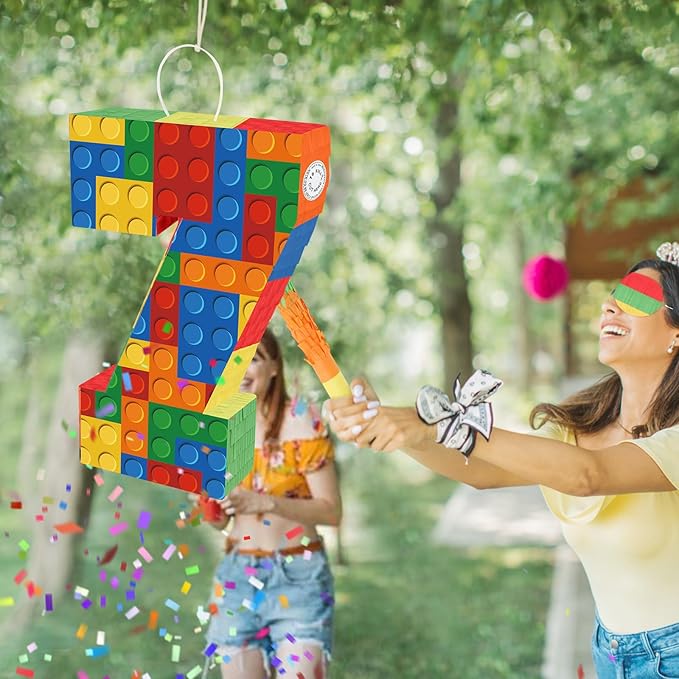 Number 7 Pinata with Blindfold and Bat Stick Building Block 7th Birthday Decorations for Kids Boys Girls Building Block Birthday Party Games Number Pinata for Fiesta