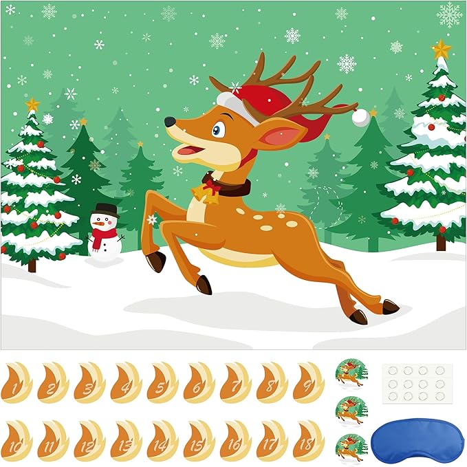 Morcheiong Pin The Tail on The Deer Christmas Game with 36 Tails, Christmas Party Favors Activities Supplies Decorations for Kids