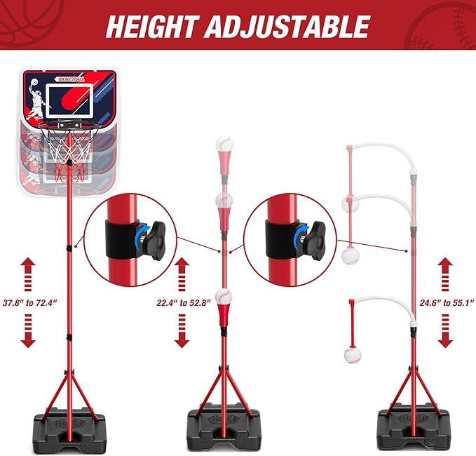 4 in 1 Kids Basketball Hoop and Tball Set for Toddlers 3-5, Adjustable Hanging Tee Ball Stand with Automatic Baseball Pitching Machine, Indoor Outdoor Sport Toys Birthday for Boys