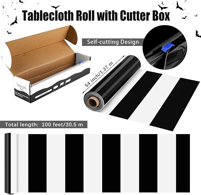 Kochorie 100 Ft x 54 Inch Black & White Striped Tablecloth Roll with Cutter Box Disposable Halloween Plastic Tablecloth Cut to Size Table Cover Backdrop for Halloween Backdrop Stage Party Supplies
