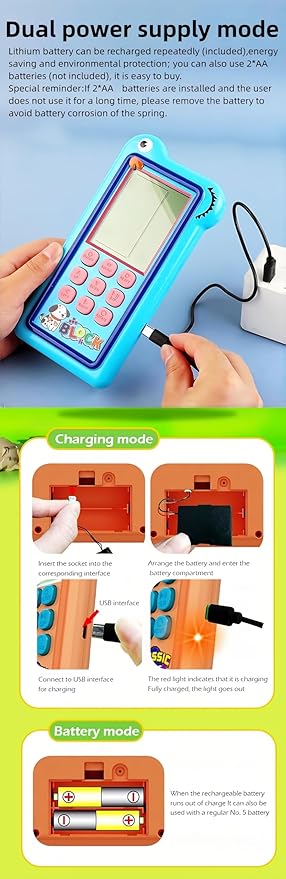 Cartoon Block Game Console Big Screen 23/26 Bricck Game Dual Mode Silicone Buttons Dual Powered by Rechargeable Lithium Battery/AA Retro Handheld Portable Toy Children/Teens Gifts (Orange)