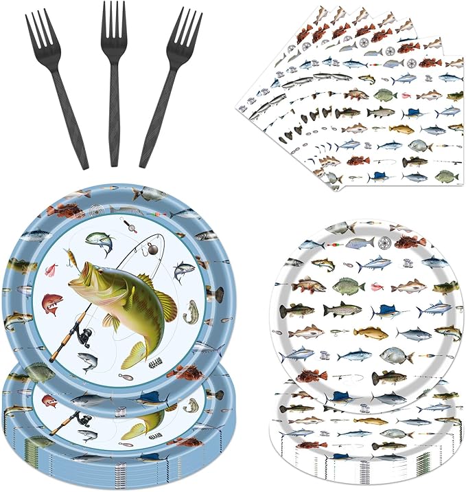 Rakuto Gone Fishing Party Plates, 96PCS Fishing Birthday Party Decorations Supplies, Fish Themed Paper Plates and Napkins Forks Disposable Tableware Supplies(24 Guests)