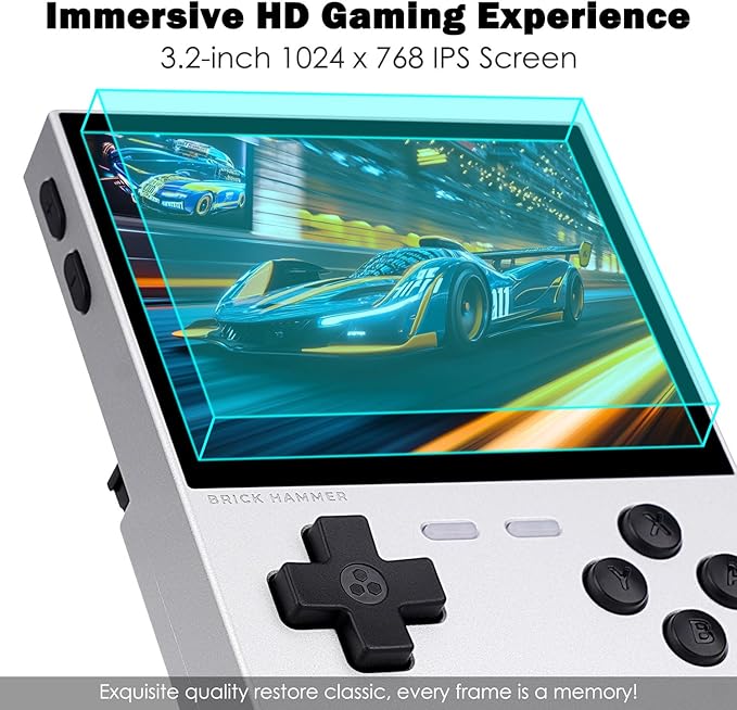 Trimui Brick Hammer Handheld Game Console,3.2 Inch IPS Classic System and 3000mAh Battery Retro Video Games Consoles,with 64G TF Card and Wireless Networt Console Casual Game Console(Silver)
