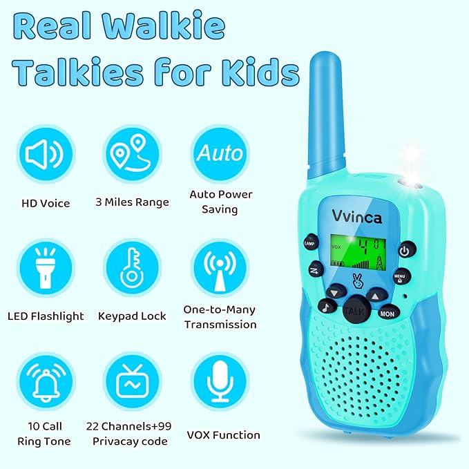 Vvinca Walkie Talkies for Kids Rechargeable 4 Pack, 3 Mile Walkie Talkie Long Range, Christmas Birthday Gift for Age 3-12 Boy Girl with Flashlight 22CH 2 Way Radio for Adventure Camping Outdoor Hiking