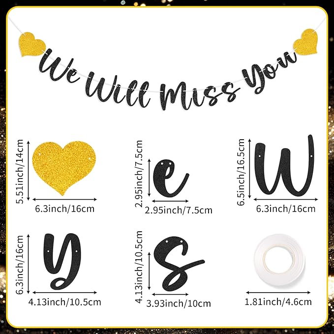 We Will Miss You Banner Decorations Goodbye Party Banner Retirement Banner Decorations Sign for Going Away Party, Retirement, Farewell, Graduation, Army Party Supplies(Glitter Black)