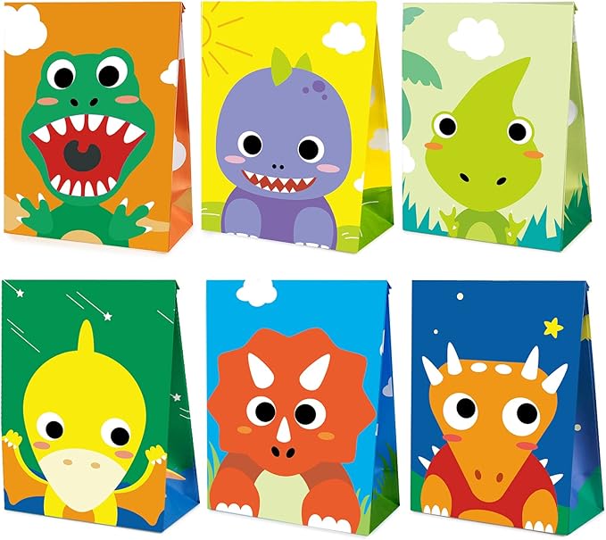 Mocoosy 24Pcs Dinosaur Party Favor Bags, Kids Goodie Bags for Birthday Favor Supplies, Dinosaur Candy Treat Bags Small Paper Gift Wrap Bags for Dinosaur Theme Birthday Party Baby Shower Decorations