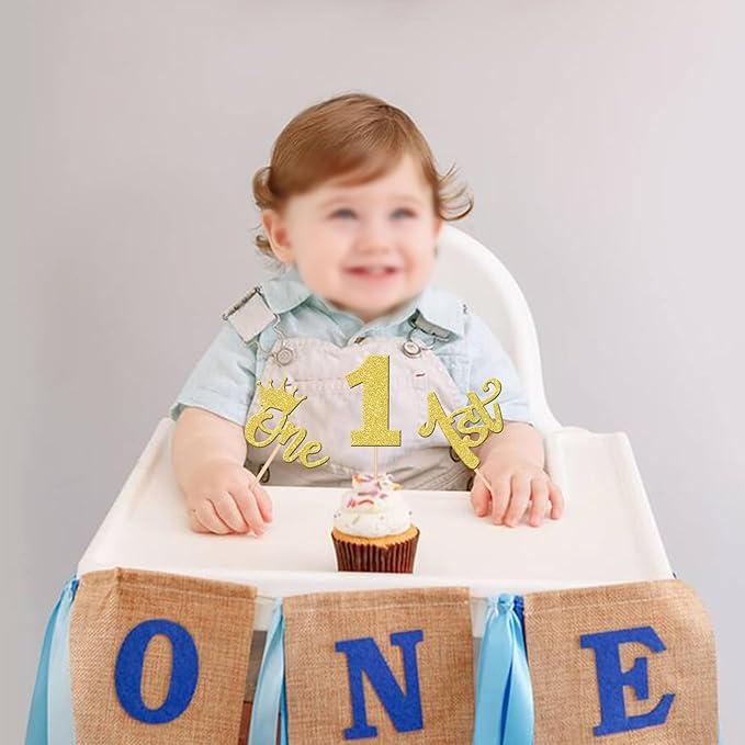 24 PCS 1st Birthday Cupcake Toppers - Glitter Crown Cupcake Picks for Baby Shower Kids 1st Birthday Boho Theme Party Cake Decorations - Gold