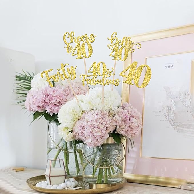 15PCS Happy 40th Birthday Centerpiece Sticks Hello 40 Fabulous Table Flower Centerpieces Sticks Forty Cheers to 40 Years Floral Decoration for Happy 40th Birthday Party Centerpieces Sticks Gold