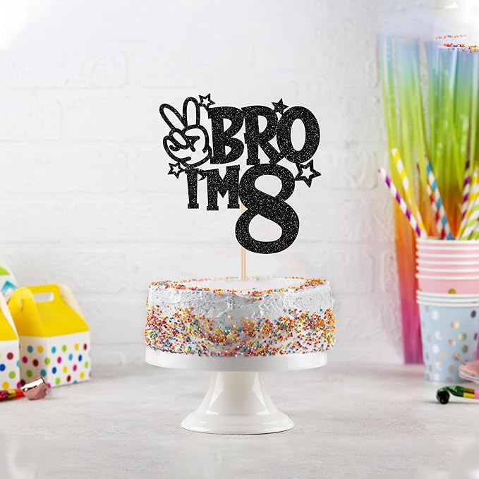 1 PCS Brother I'm 8 Cake Topper Glitter Star Happy 8th Birthday Cake Pick Bro I'm 8 Cake Decoration It's My 8th Birthday Decorations for Boys Cheers to 8 Years Old Birthday Party Supplies Black