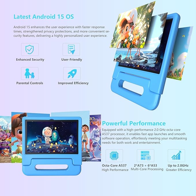 2025 Latest 10.1 inch Kids Tablet Android 15 Tablets for Kids with EVA Protective Case 8GB RAM 64GB Storage Toddler Tablet, Parental Controls, 12-hr Battery, WiFi, GPS, Blue