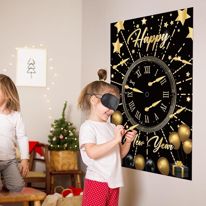 Hooqict New Years Party Games for Kids Family 2026 Pin The New Year’s Eve Games Countdown Clock Holiday Party Activities Supplies, Large Pin The Games Poster with 32 Stickers
