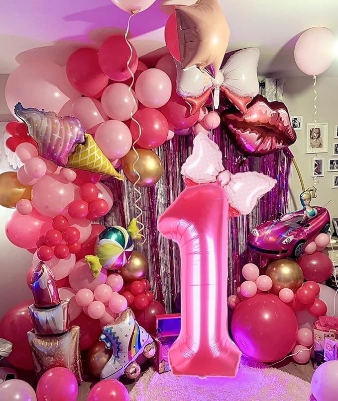 40 Inch Pink Number 1 Balloon with Mini Bow Balloon for Girls 1st Birthday Decorations, Pink Mouse Princess Western Cowgirl Theme Birthday Party Balloons Decorations Supplies