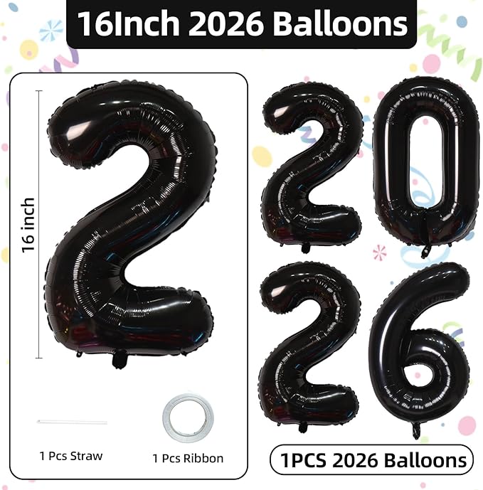 KALOR 16 Inch 2026 Black Foil Number Balloons, 2026 New Years Decorations for 2026 Happy New Year Eve and Graduations Party Supplies