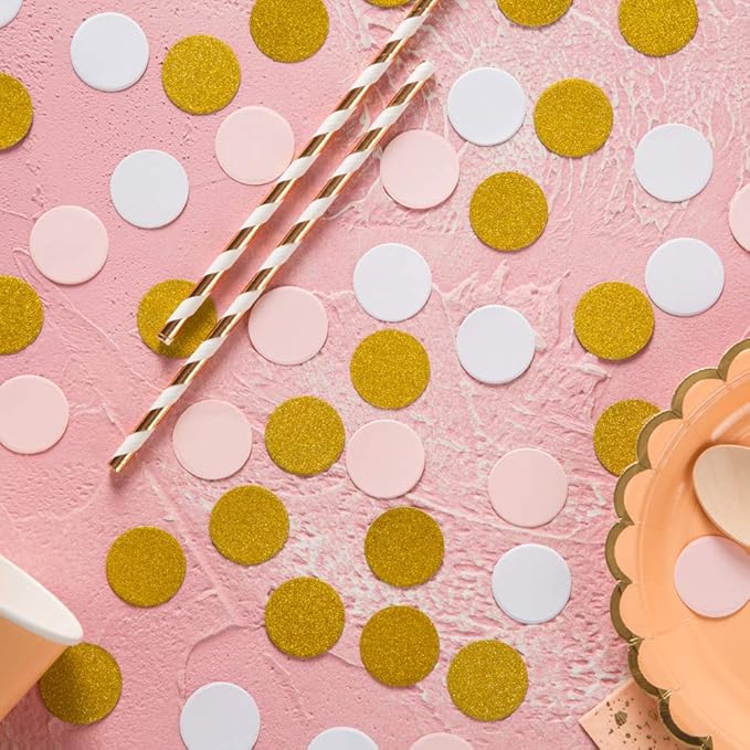 MOWO Confetti Circles Wedding Party Decor and Table Decor, 1.2’’ in Diameter (glitter gold pink and white mix,200pc)