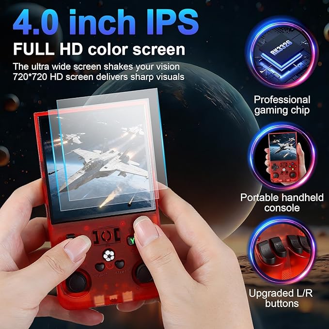 DVJQSN R36MAX Retro Handheld Game Console, 4.0 Inch Screen, 64GB, 18000+ Games, Linux System, 4000mAh Battery (Red Transparency, 64, GB)