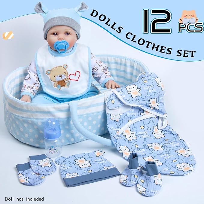 Reborn Baby Doll Clothes 12pcs for 17-22 Inch Reborn Dolls Clothes Accessories Blue Luxurious Gift Set (Bassinet+ Blanket)