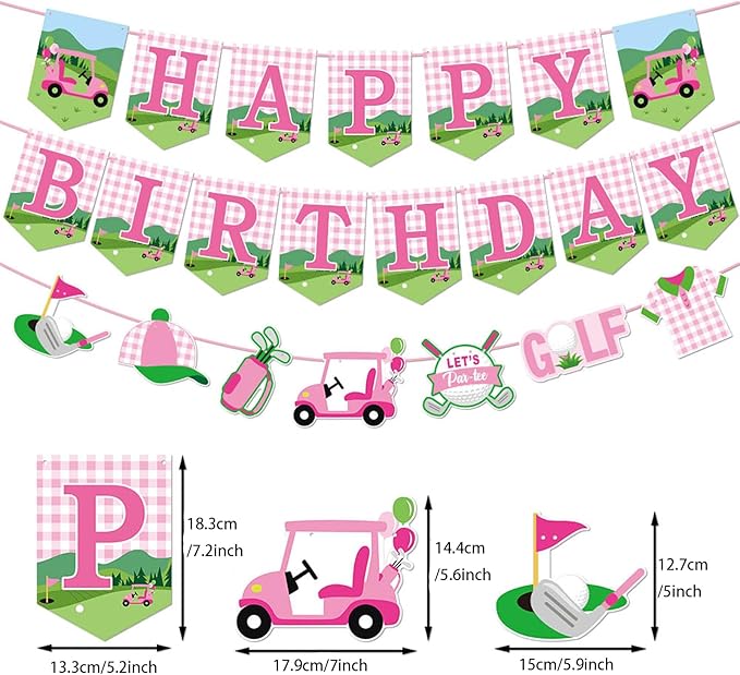 Zwiebeco Pink Green Golf Happy Birthday Banner Bunting Garland Hanging Paper Party Decorations for Girls Womens Adults Golf Sports Themed Bday Decor Accessories Supplies