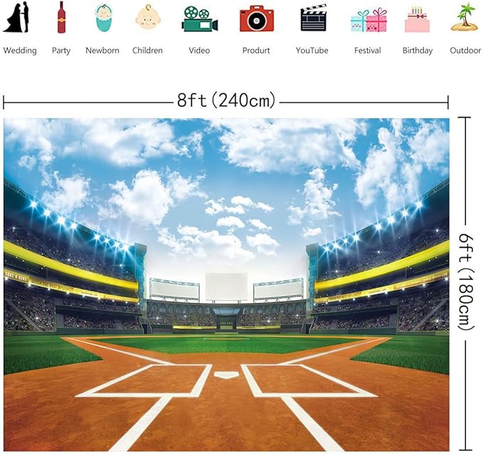 Baseball Backdrop Baseball Field Stadium Photography Backdrops for Sports Boys Birthday Party Decoration Banner Supplies (8x6FT(94 x 70 inch))
