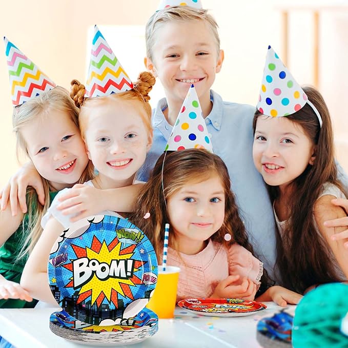 Grencian 96Pcs Super Theme Hero Party Decorations Hero Themed Plates and Napkins Disposable Heroes Action Paper Plates Tableware Set for Boys Kids Birthday Party Baby Shower Supplies, Serves 24