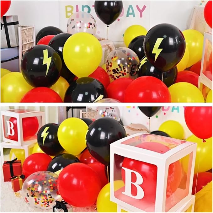 Red Yellow Black Balloons, 12 inch Lightning Cartoon Ball Anime Balloon Birthday Decorations, Lightning Printed Balloons Red and Black Confetti Balloon for Boys Theme Race Car Party Decor